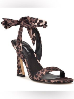 Nine West Kelsie Leopard Print Satin Ankle Wrap High Heeled Sandals